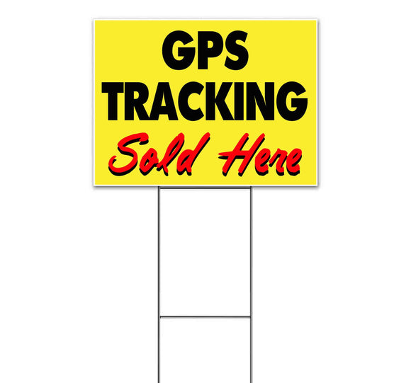 GPS Tracking Sold Here Yellow Cursive Yard Sign